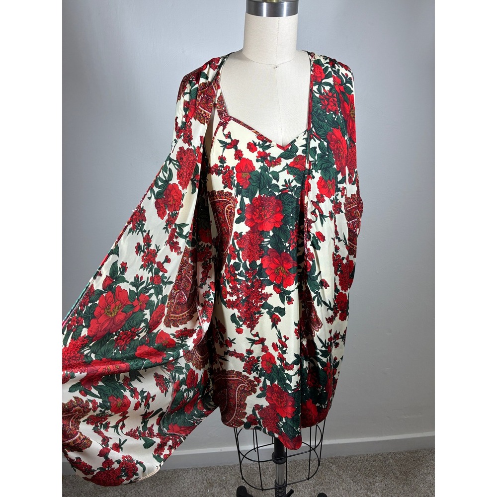 Vintage Red Green Floral Lingerie Slip Dress and Robe Sleep Set Medium 80s 90s - Picture 4 of 12